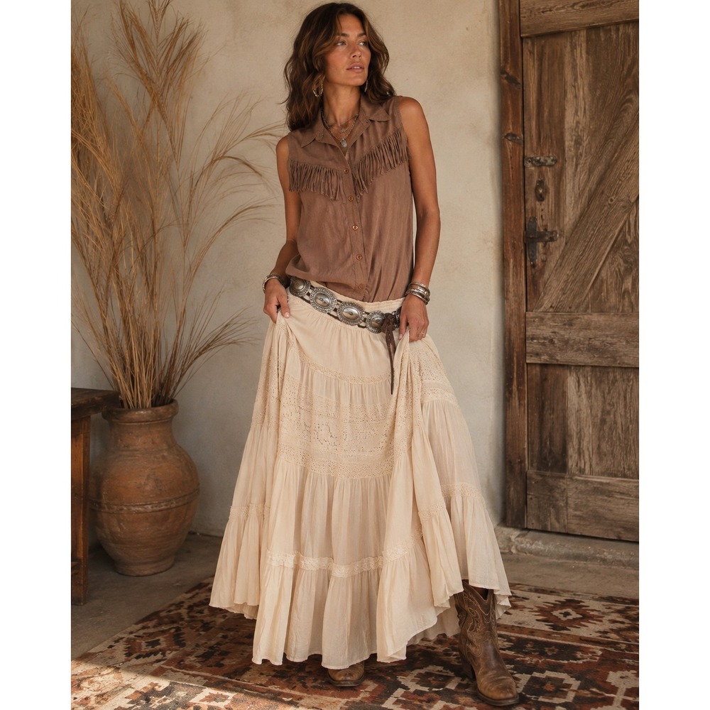 VTG Brown Silk Fringe Western Shirt Small Cowgirl Rodeo Boho Festival Deadstock